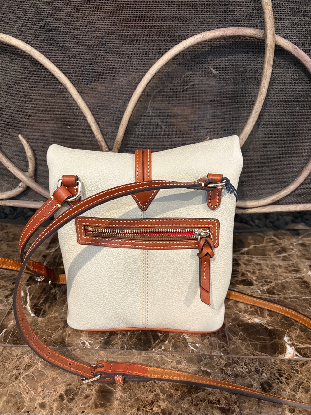 Dooney & Bourke Cream Leather Crossbody with Brown Trim and Toggle Closure - Picture 5 of 9